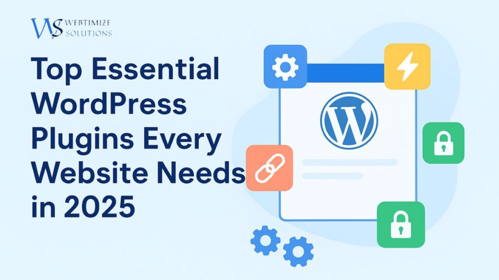 Essential WordPress plugins illustration showing SEO, security, backup, and speed optimization tools for websites in 2025.