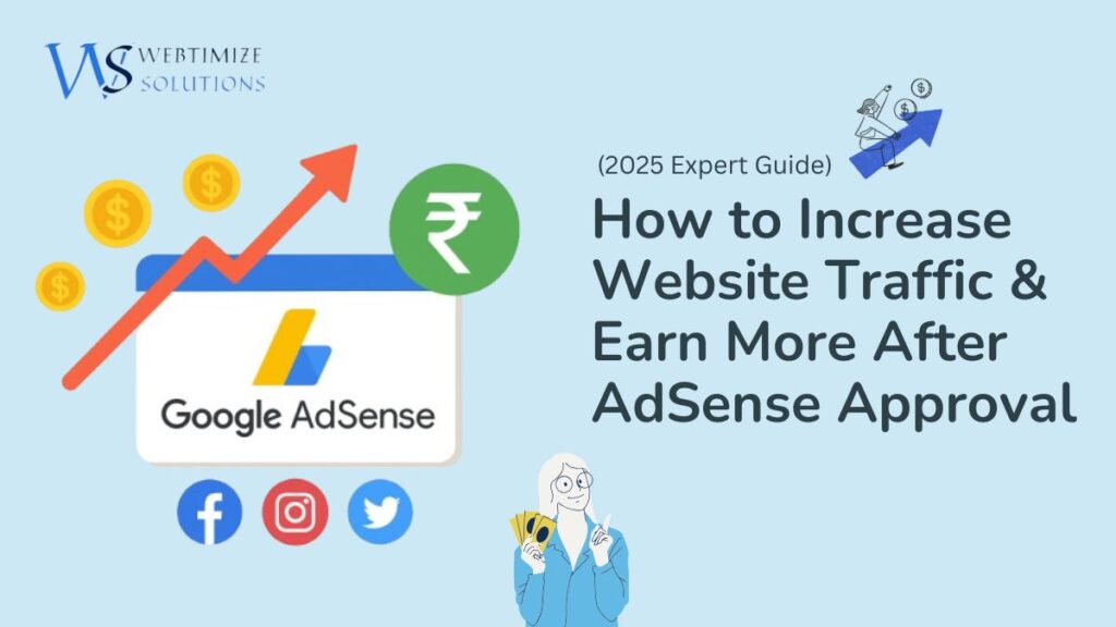 Google AdSense growth illustration showing earnings increase, social media icons, global traffic and digital marketing elements.