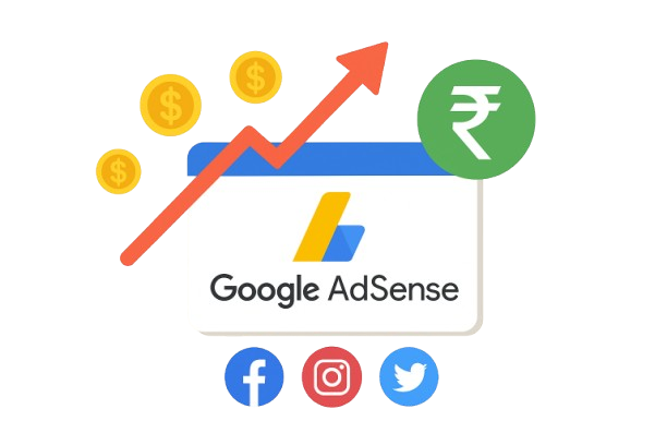 Google AdSense earnings growth illustration with dollar, rupee icons and social media symbols
