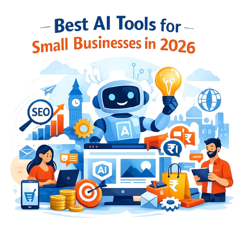 Best AI tools for small businesses in 2026 illustration showing AI, SEO, web design and digital growth