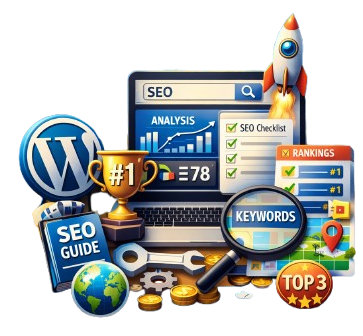 Best SEO tools for WordPress in 2026 showing website analytics, keyword research, rankings, and growth icons