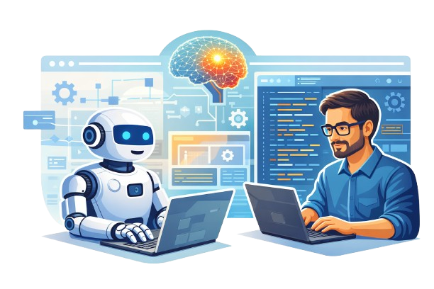 Human and AI robot working together on web development using a laptop, representing AI-driven website creation