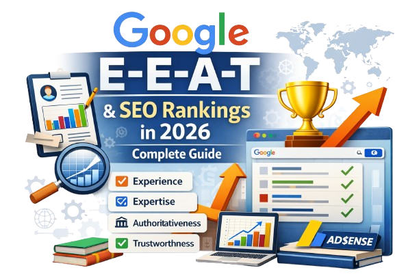 Visual guide explaining how Google E-E-A-T impacts SEO rankings and AdSense growth in 2026