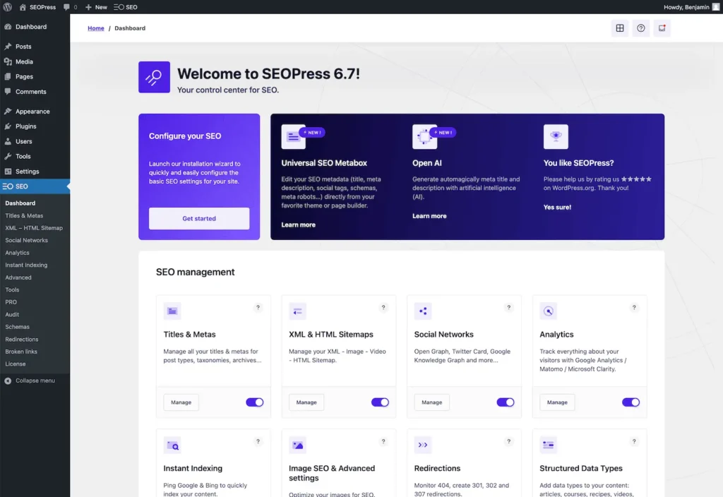 SEOPress SEO plugin dashboard with meta tags and website optimisation options in WordPress