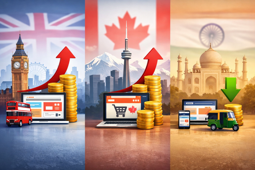 website cost 2026 UK Canada India comparison high cost vs low cost illustration